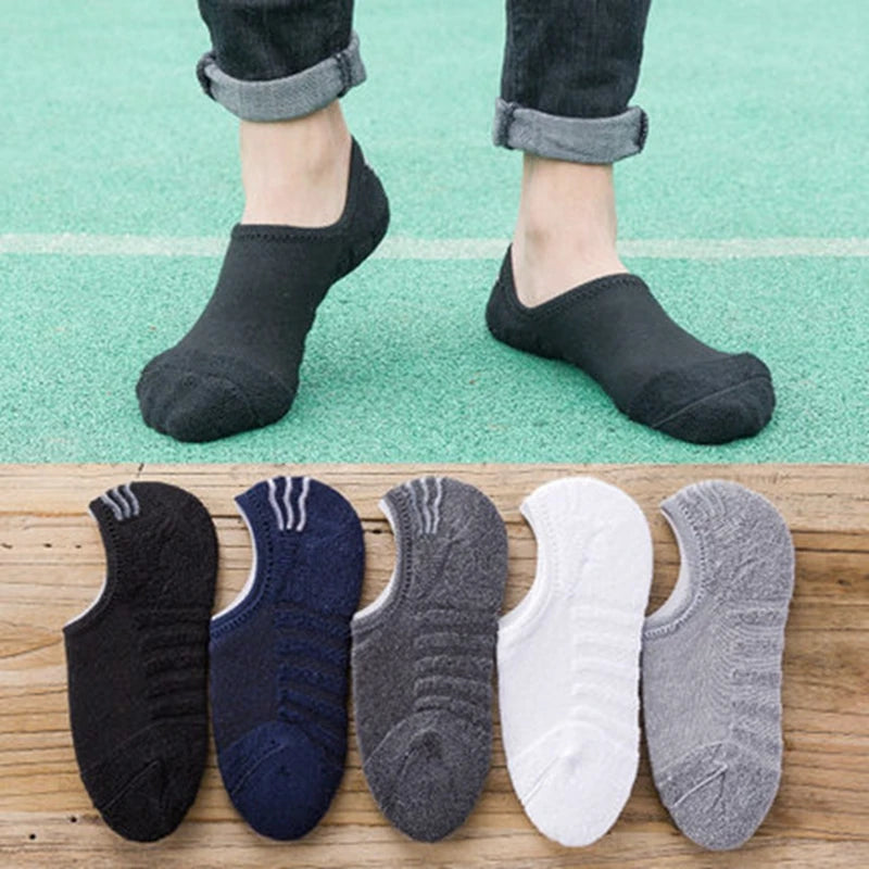 5 Pairs/Lot Men's Fashion Towel Bottom Boat Socks Cotton Sport Sweat Breathes Silicone Anti-Slip Invisible Socks Plus Size 41-45.