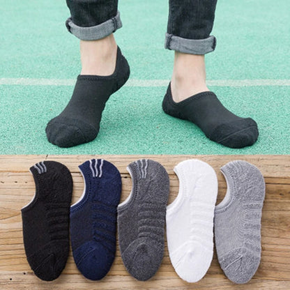 5 Pairs/Lot Men's Fashion Towel Bottom Boat Socks Cotton Sport Sweat Breathes Silicone Anti-Slip Invisible Socks Plus Size 41-45.