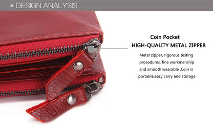 Fashion Genuine Leather Women Wallet Bi-fold Wallets Red ID Card Holder Coin Purse With Double Zipper Small Women's Purse 2022