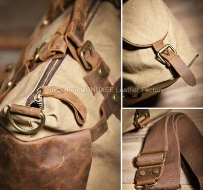 Vintage Military Canvas + Echtes Leder Herren Umhängetasche Sling Umhängetasche Tote Handtasche Herren Canvas Messenger Bag Freizeit