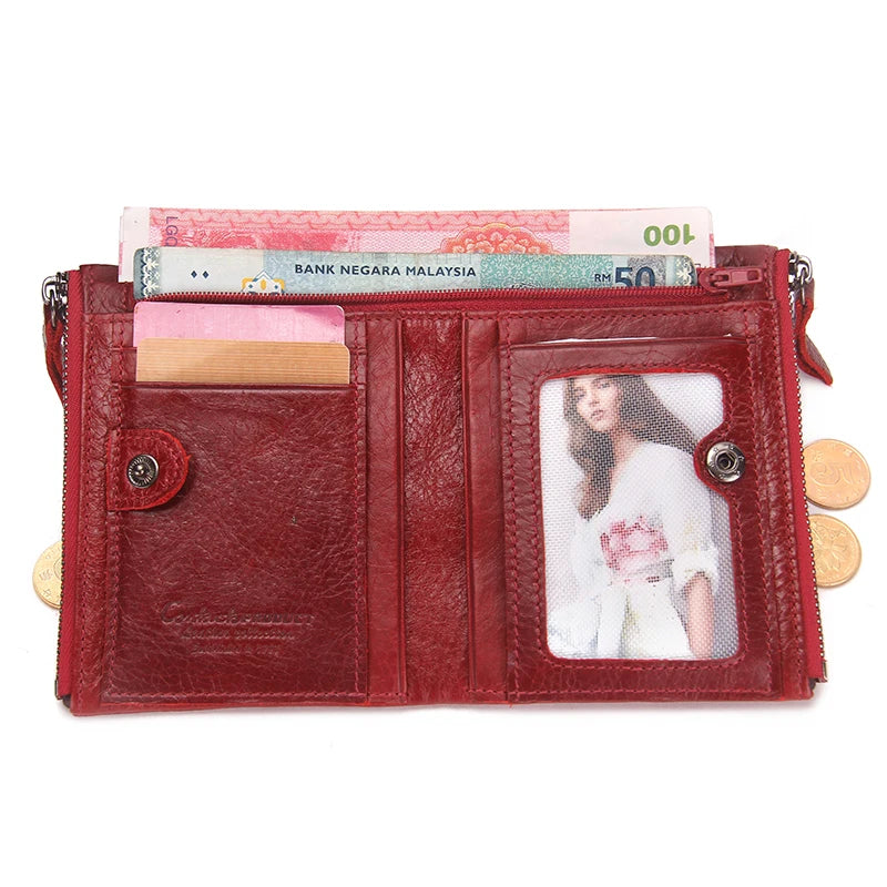 Fashion Genuine Leather Women Wallet Bi-fold Wallets Red ID Card Holder Coin Purse With Double Zipper Small Women's Purse 2022.
