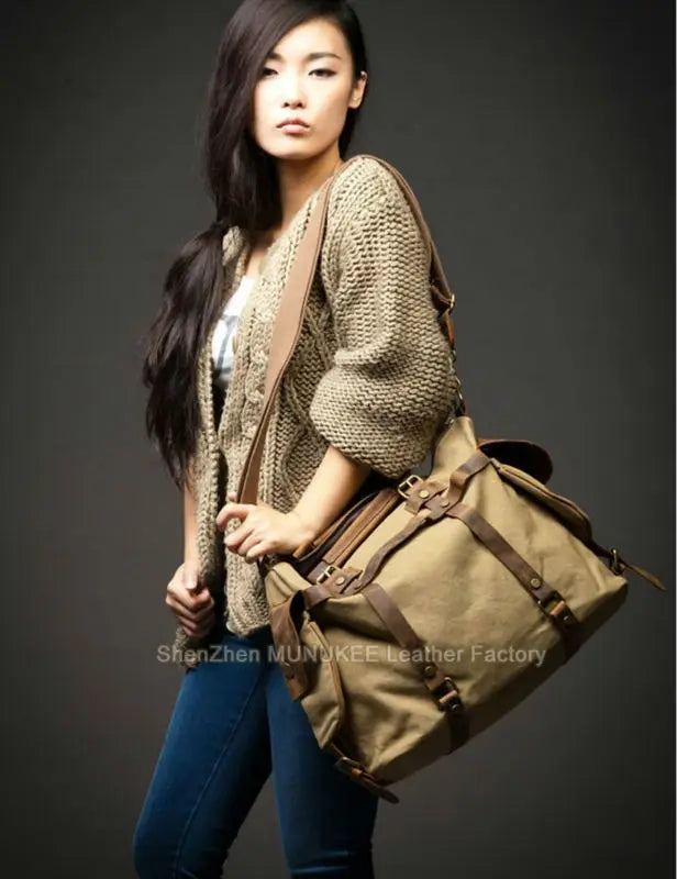 Vintage Military Canvas + Echtes Leder Herren Umhängetasche Sling Umhängetasche Tote Handtasche Herren Canvas Messenger Bag Freizeit