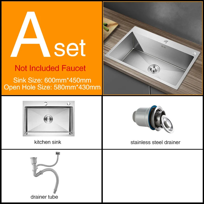 Kitchen sink lead-free handmade brushed 304 stainless steel 3mm thickness single bowl large size kitchen sink