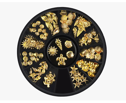 1 Box Gold Ocean Theme Metal Studs Sea Starfish Shell Turtle Slice Flakes 3d Nail Art Decoration In Wheel DIY UV Manicure Tools.