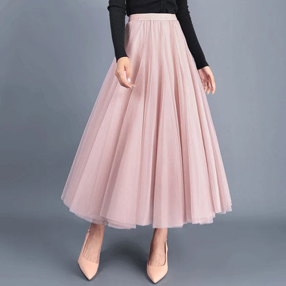 OHRYIYIE Beige Maxi Long Skirt Spring Autumn Womens 2025 New Summer Tulle Skirt Party Mesh A-line Skirts Female Jupe Longue.