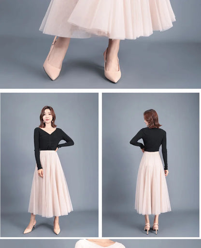 OHRYIYIE Beige Maxi Long Skirt Spring Autumn Womens 2025 New Summer Tulle Skirt Party Mesh A-line Skirts Female Jupe Longue.