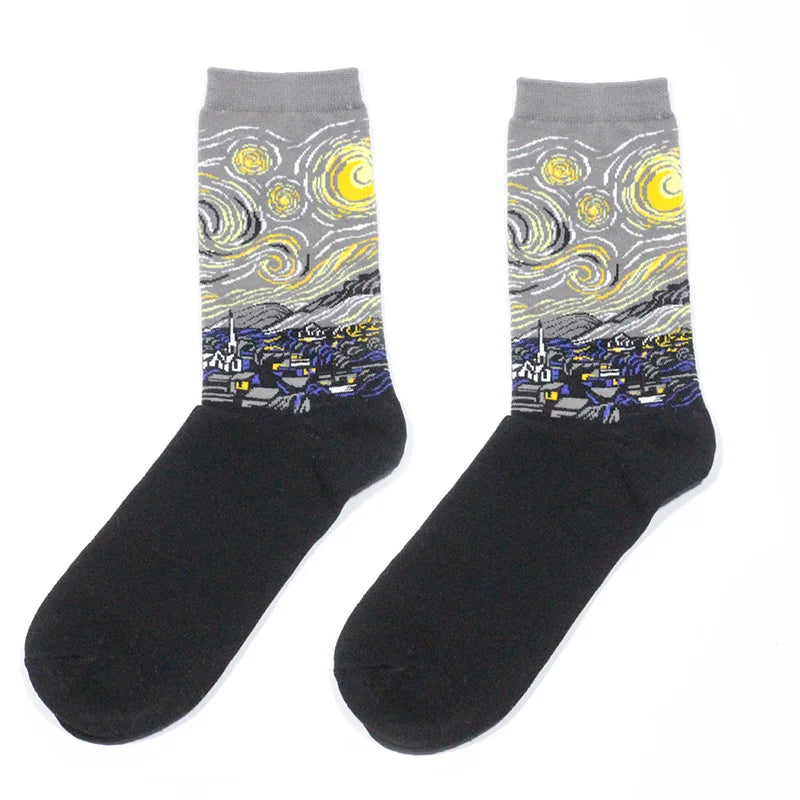 Autumn winter Retro Women Art Van Gogh Mural World Famous Oil Painting Series Men Socks Funny Socks.