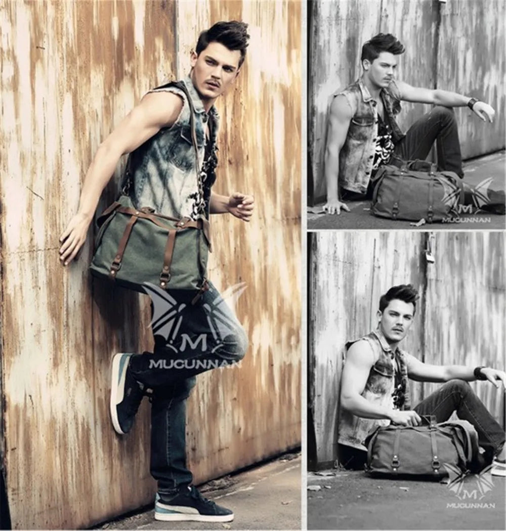 Vintage Military Canvas + Echtes Leder Herren Umhängetasche Sling Umhängetasche Tote Handtasche Herren Canvas Messenger Bag Freizeit.