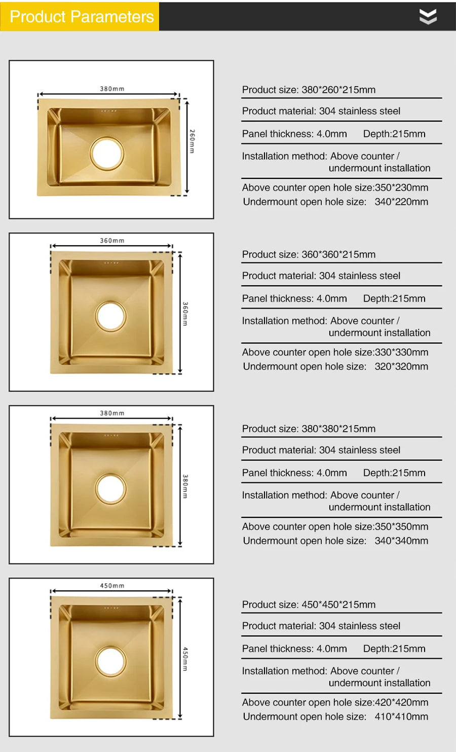 SUS 304 Stainless Steel Luxury Gold Nanometer Island Kitchen Sink Manual Single Bar Counter Mini Kitchen Sinks