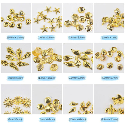 1 Box Gold Ocean Theme Metal Studs Sea Starfish Shell Turtle Slice Flakes 3d Nail Art Decoration In Wheel DIY UV Manicure Tools.