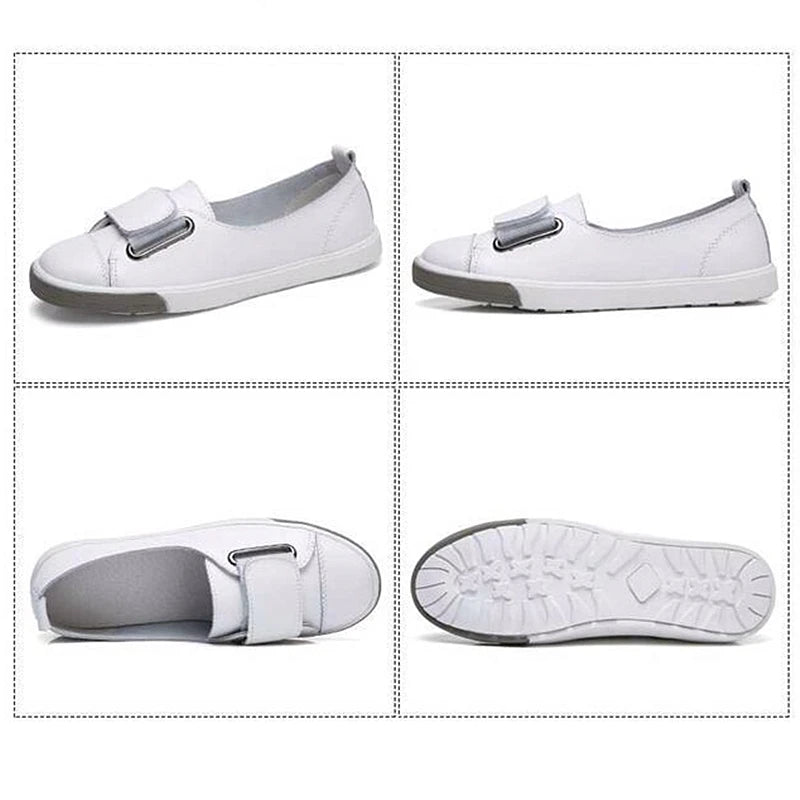 WOIZGIC Women Ladies Female Student Genuine Leather Casual Shoes White Flats Korean Vulcanized Shoes Spring 35-41 DF-YC259.