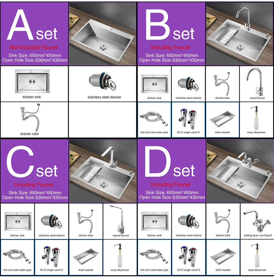 Kitchen sink lead-free handmade brushed 304 stainless steel 3mm thickness single bowl large size kitchen sink