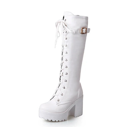 Gdgydh Hot Sale Spring Autumn Lacing Knee High Boots Women Fashion White Square Heel Woman Leather Shoes Winter PU Large Size 43.
