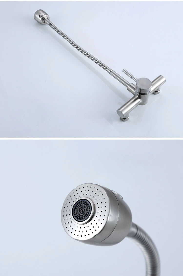 Stainless Steel Wall Mounted Kitchen Faucet Wall Kitchen Mixers Kitchen Sink Tap 360 Degree Swivel Flexible Hose Double Holes