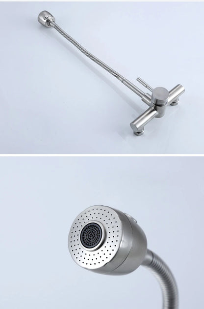 Stainless Steel Wall Mounted Kitchen Faucet Wall Kitchen Mixers Kitchen Sink Tap 360 Degree Swivel Flexible Hose Double Holes