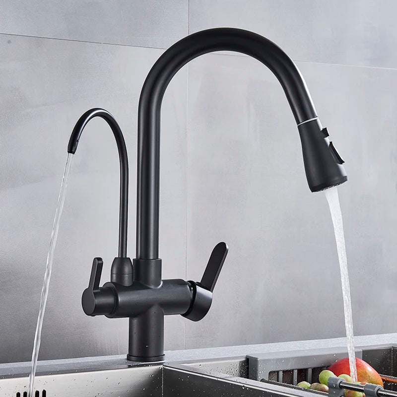 Matte Black Pure Water Filter Kitchen Faucet Dual Handle Hot and Cold Drinking Water Pull Out  Kitchen Mixer Taps
