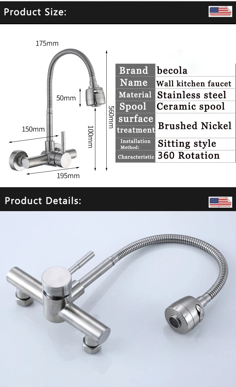 Stainless Steel Wall Mounted Kitchen Faucet Wall Kitchen Mixers Kitchen Sink Tap 360 Degree Swivel Flexible Hose Double Holes
