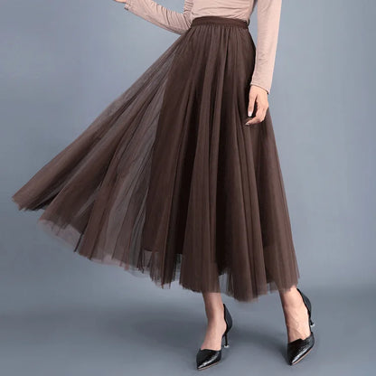 OHRYIYIE Beige Maxi Long Skirt Spring Autumn Womens 2025 New Summer Tulle Skirt Party Mesh A-line Skirts Female Jupe Longue