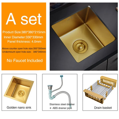 SUS 304 Stainless Steel Luxury Gold Nanometer Island Kitchen Sink Manual Single Bar Counter Mini Kitchen Sinks