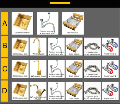 SUS 304 Stainless Steel Luxury Gold Nanometer Island Kitchen Sink Manual Single Bar Counter Mini Kitchen Sinks