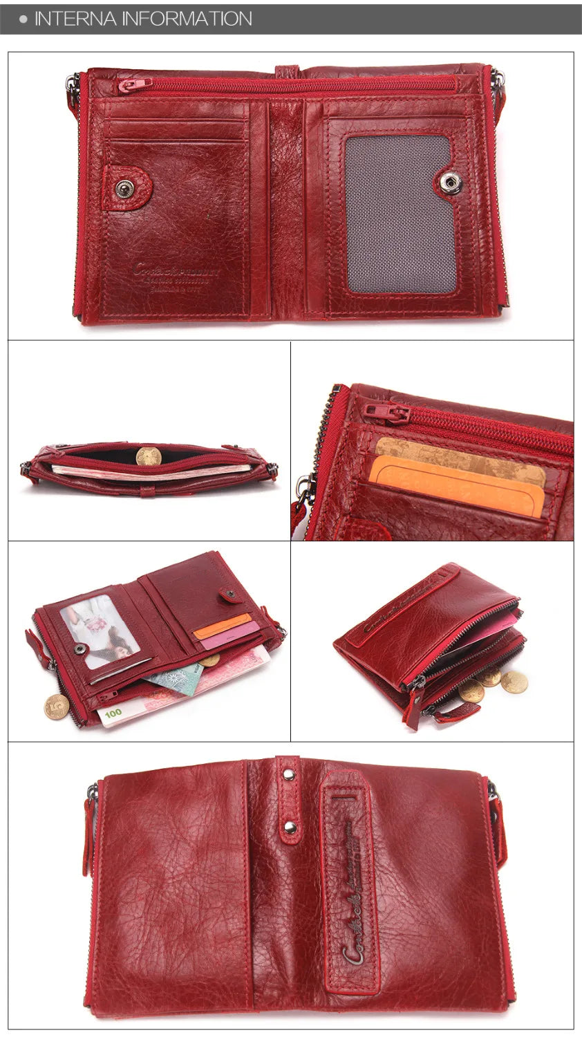 Fashion Genuine Leather Women Wallet Bi-fold Wallets Red ID Card Holder Coin Purse With Double Zipper Small Women's Purse 2022.