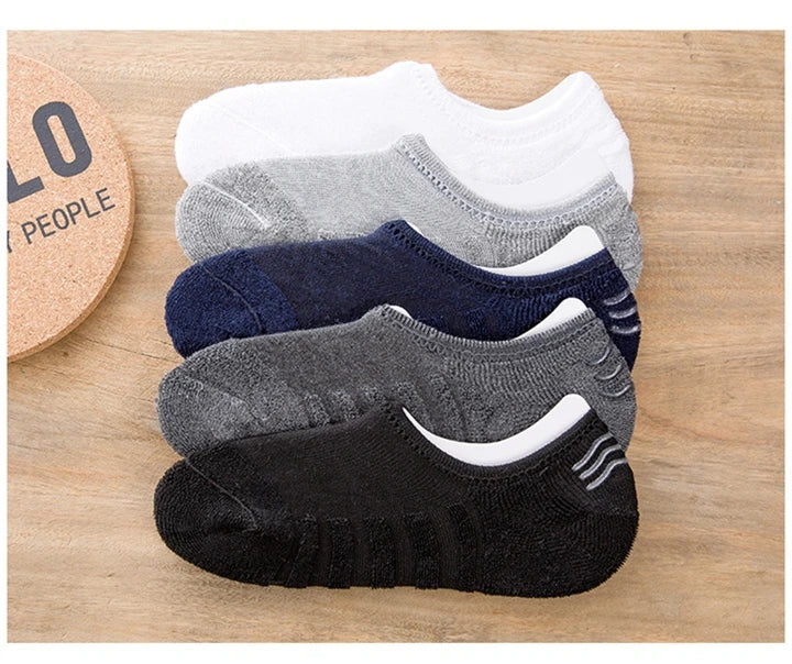 5 Pairs/Lot Men's Fashion Towel Bottom Boat Socks Cotton Sport Sweat Breathes Silicone Anti-Slip Invisible Socks Plus Size 41-45.