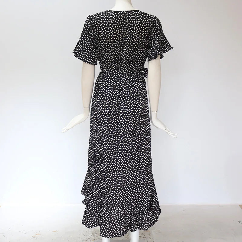 Sommer Strand Maxi Kleid Frauen Floral Print Boho Lange Chiffon Kleid Rüschen Wrap Casual V-ausschnitt Split Sexy Party Kleid Robe Femme.