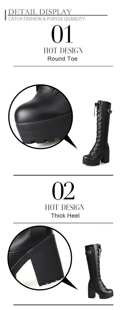 Gdgydh Hot Sale Spring Autumn Lacing Knee High Boots Women Fashion White Square Heel Woman Leather Shoes Winter PU Large Size 43.