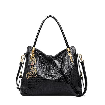 FOXER Women Natural Cow Leather Handbag Large Capacity Classic Black Genuine Leather Tote Lady Stylish Sequin Shoulder Bag.
