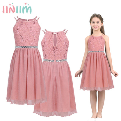 Iiniim Teen Mädchen Ärmellose Pailletten Floral Spitze Glänzenden Kleid Vestido de festa für Hochzeit Formale Geburtstag Party Sommer Kleider