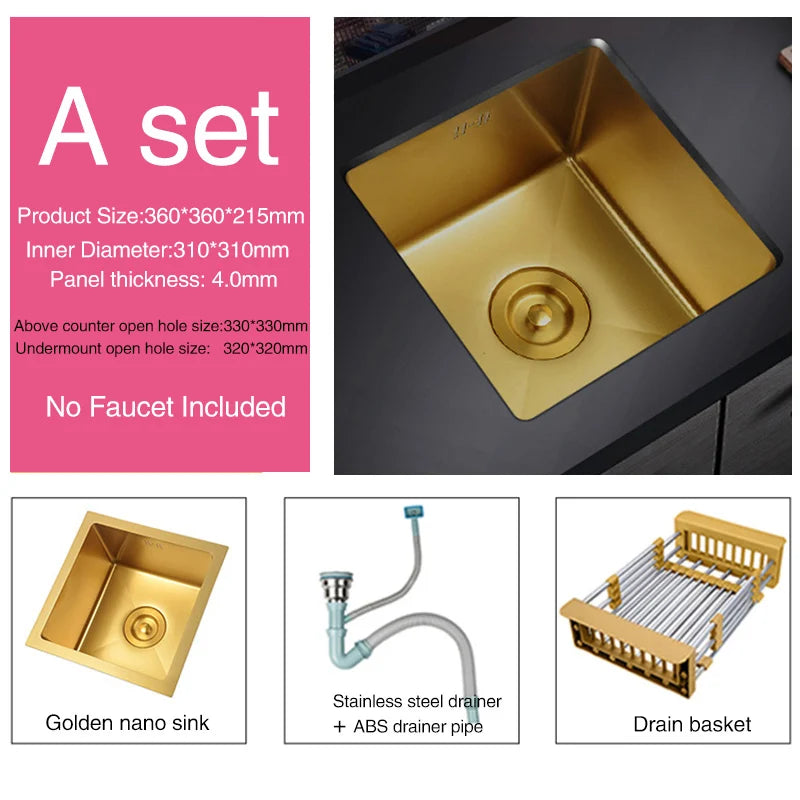 SUS 304 Stainless Steel Luxury Gold Nanometer Island Kitchen Sink Manual Single Bar Counter Mini Kitchen Sinks