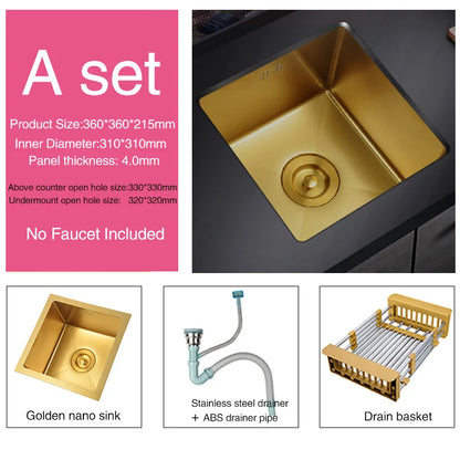 SUS 304 Stainless Steel Luxury Gold Nanometer Island Kitchen Sink Manual Single Bar Counter Mini Kitchen Sinks