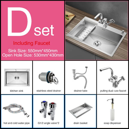 Kitchen sink lead-free handmade brushed 304 stainless steel 3mm thickness single bowl large size kitchen sink