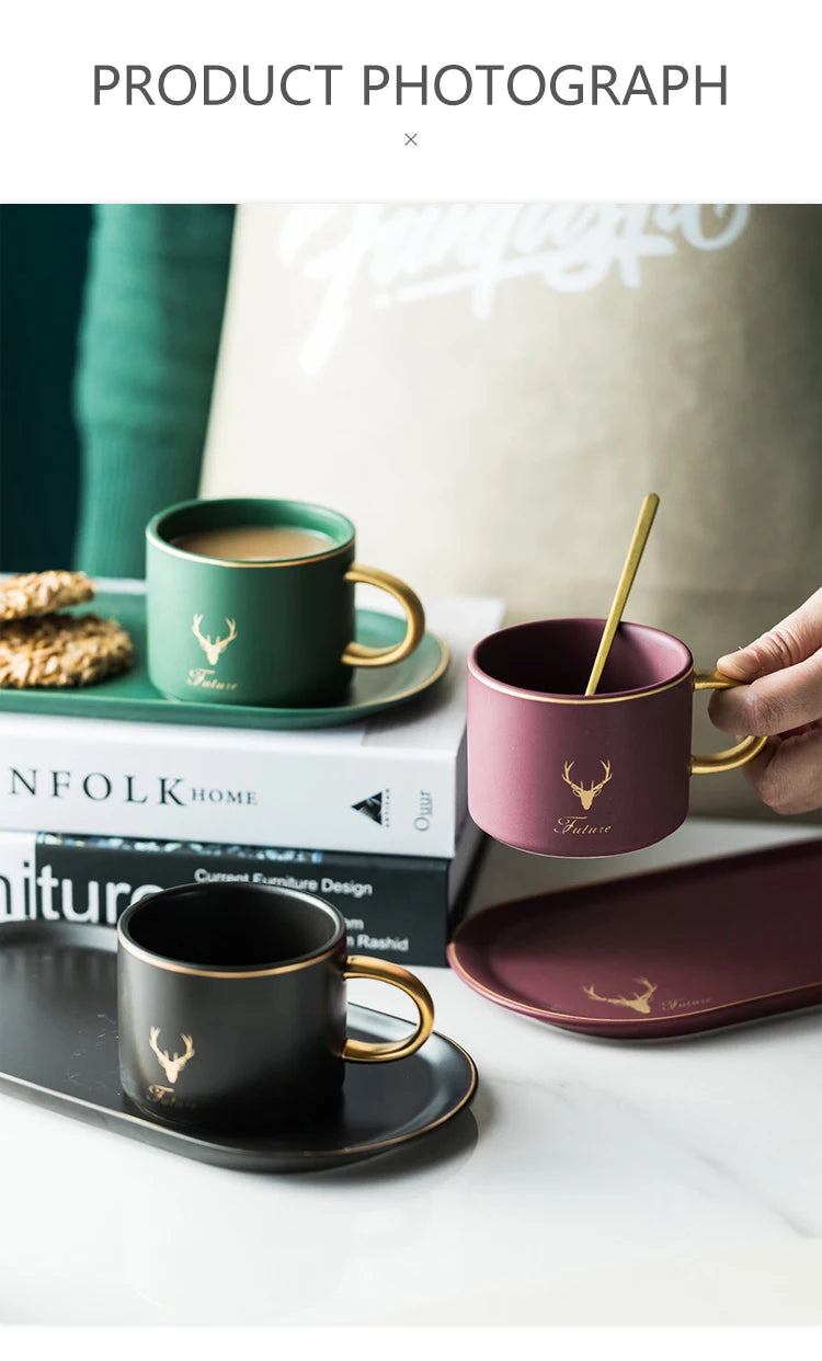 European Luxurious Gold Rim Ceramics Coffee Cups And Saucers Spoon Sets With Gift Box Tea Soy Milk Breakfast Mugs Dessert Plate.