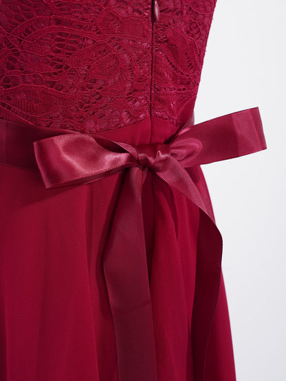 Blumenmädchen-Chiffonkleid mit floraler Spitze, Sommer, ärmellos, hoher, niedriger Saum, formelles Hochzeitskleid für Brautjungfer, Junior, Prinzessin