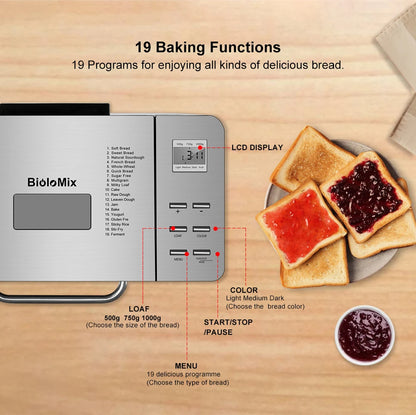 Biolomix Stainless Steel 1KG 19-in-1 Automatic Bread Maker 650W Programmable Bread Machine with 3 Loaf Sizes Fruit Nut Dispenser.