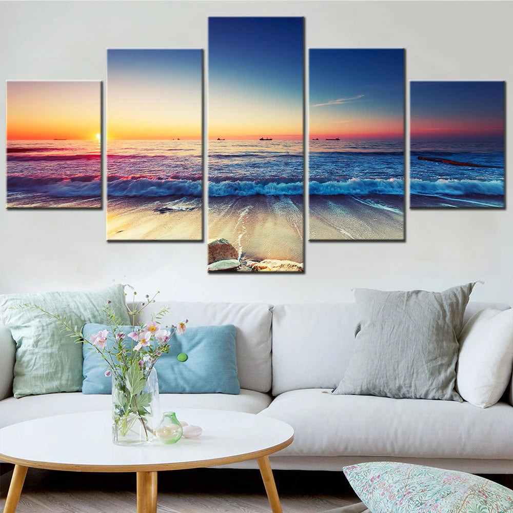 5 Pieces Printed Canvas Painting Landscape Poster Sunset Seascape Beach Wall Art Image Modular Wall Picture Room Decor Framework.