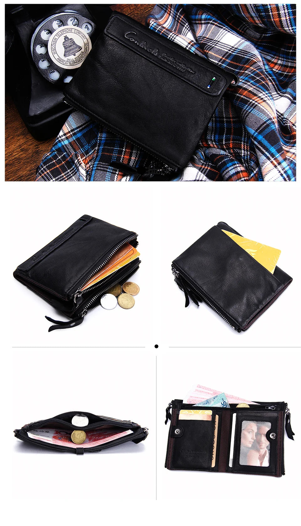 CONTACT'S Genuine Leather Short Wallets for Women Luxury Designer Coin Purse Female Money Clip Card Holder Customize Men Wallets