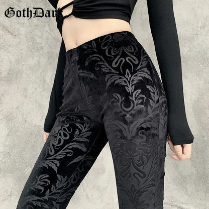 Goth Dark Vintage Floral Scratched Mall Gothic Pants Velvet High Waist Skinny Flare Trousers for Women Streetwear Cyber Y2K Pant.