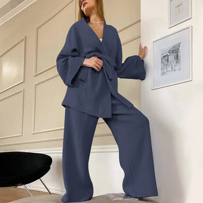 NHKDSASA Kimono Pajamas 2023 New 100% Cotton Crepe Long-Sleeved Trousers Ladies Sleepwear Suit Women's Home Service Mujer