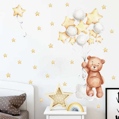 Cute Bear Moon Star Wall Stickers for Kids Rooms Girls Boys Baby Room Decoration Kawaii Cartoon Animal Nursery Wallpaper Vinyl.