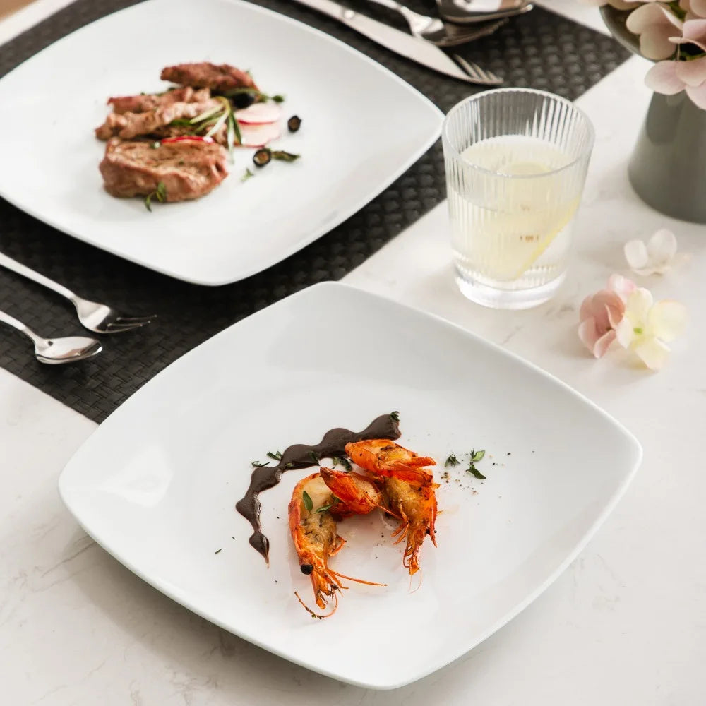 MALACASA 6/12 Piece White Square Porcelain Dinner Plate Set Dessert Plate Salad Fruit Beef Flat Plate Set (23.5 * 23.5 * 2cm).