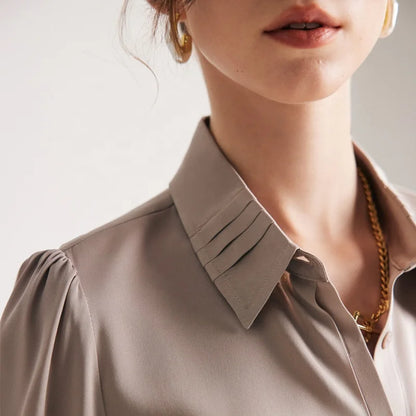 Birdtree 19Mm 90% Silk 10% Spandex Dress Shirts Women Turn Down Collars Pleated Tops Long Sleeve Office Blouses Autumn T36521JM.