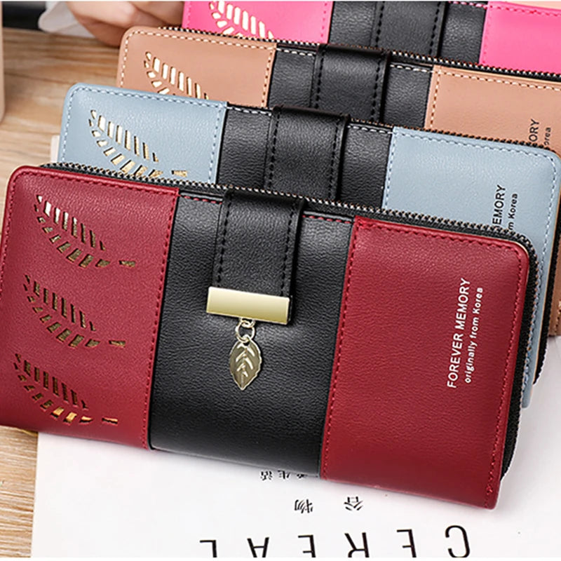 Hollow Leaves PU Leather Women's Long Wallet Fashion Female Coin Purses Hasp Zipper Clutch ID Credit Card Holders Money Bag Clip.