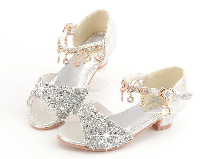 Girls Sandals Children Crystal Shoes 2023 Summer Kids Glitter Shoes High Heels Sequined Rhinestone Pendants Open Toes Princess.