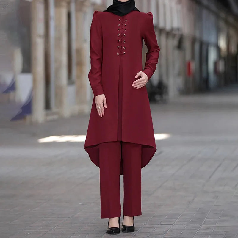 Muslim Women Long Tops Islamic Sets Women Muslim Pants Abaya Dubai 2020 Turkey Outfit Ramadan Prayer Clothes 2 Piece Set.