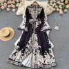 Fall Vintage Stand Collar Casual Midi Dress For Women Flare Sleeve Empire Printed Lace Dress | H&D Shop