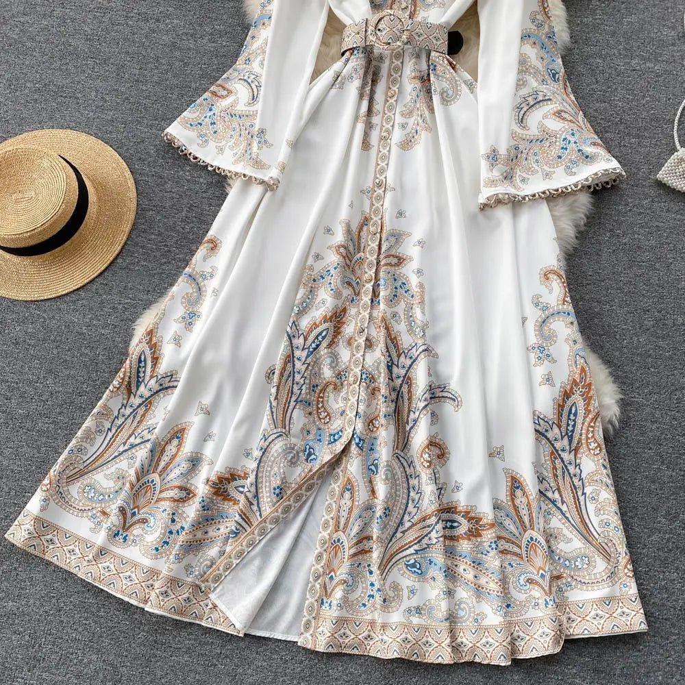 Fall Vintage Stand Collar Casual Midi Dress For Women Flare Sleeve Empire Printed Lace Dress.
