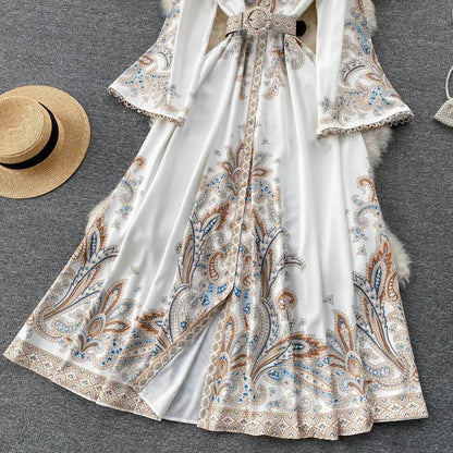 Fall Vintage Stand Collar Casual Midi Dress For Women Flare Sleeve Empire Printed Lace Dress.