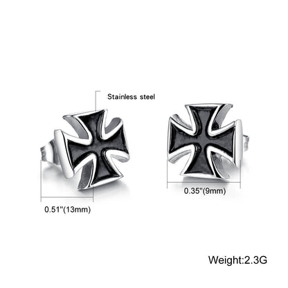 New 2PCS Men's Knights Simple Cross Stud Earrings Templar Knight Ear Studs Stainless Steel Crucifix Male Jewelry Gifts.
